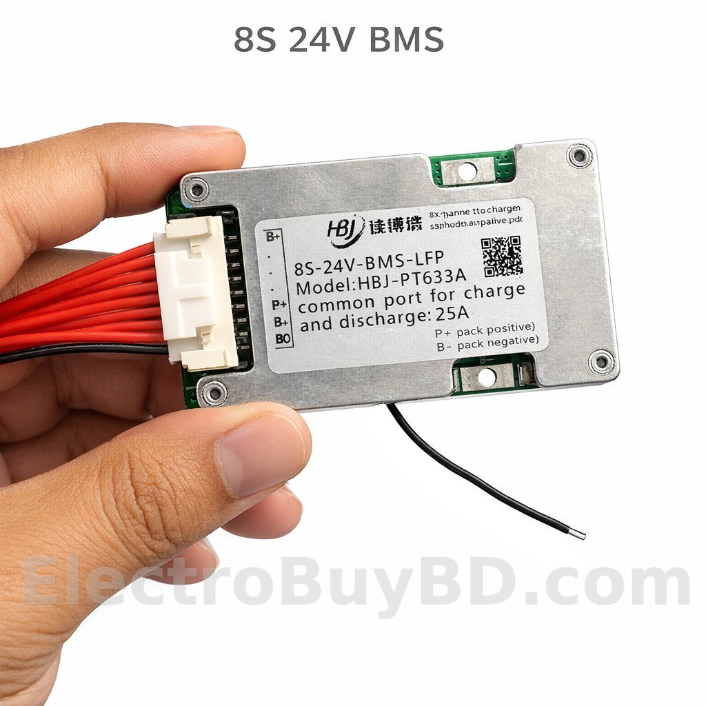 8S 24V LiFePO4 Battery BMS – 25A Common Port Model: HBJ-PT633A-BMS