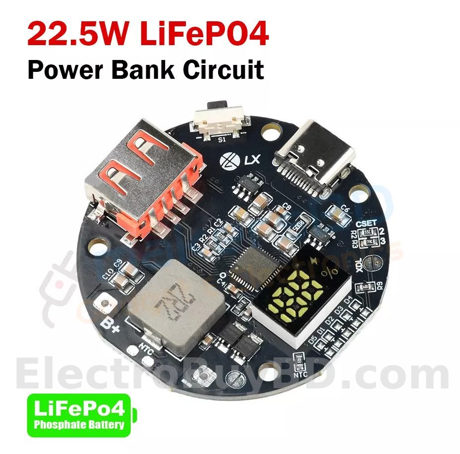 1S 3.2V LiFePO4 Battery 22.5W Fast Charging Power Bank Module With Digital Display-LifePO4 Phosphate Power Bank Circuit 22.5W Bidirectional PD/QC Fast Charging 3.2V Lithium Iron Phosphate